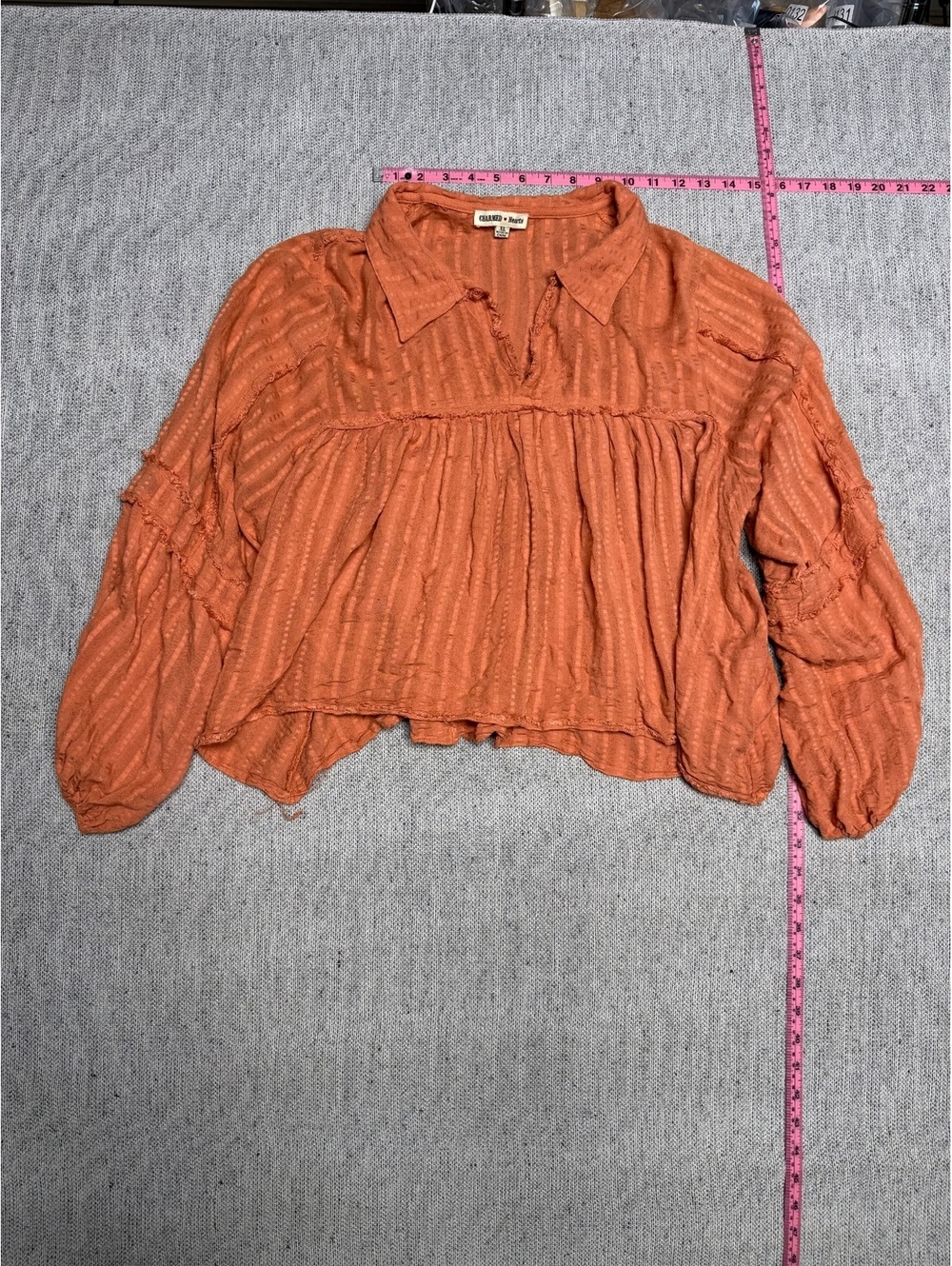 Charmed Hearts Rust Orange Balloon Sleeve Peasant Blouse